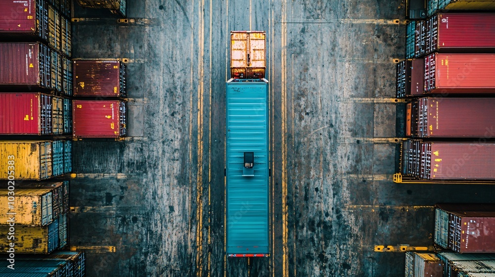 Poster Overhead view of a truck navigating through a busy logistics terminal filled with containers Stock Photo with side copy space