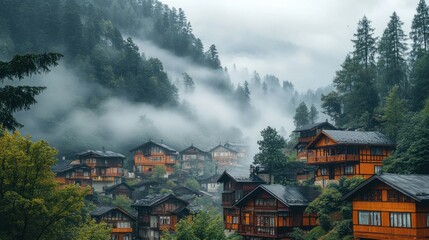Obraz premium A misty mountain village with traditional wooden houses nestled in a valley.