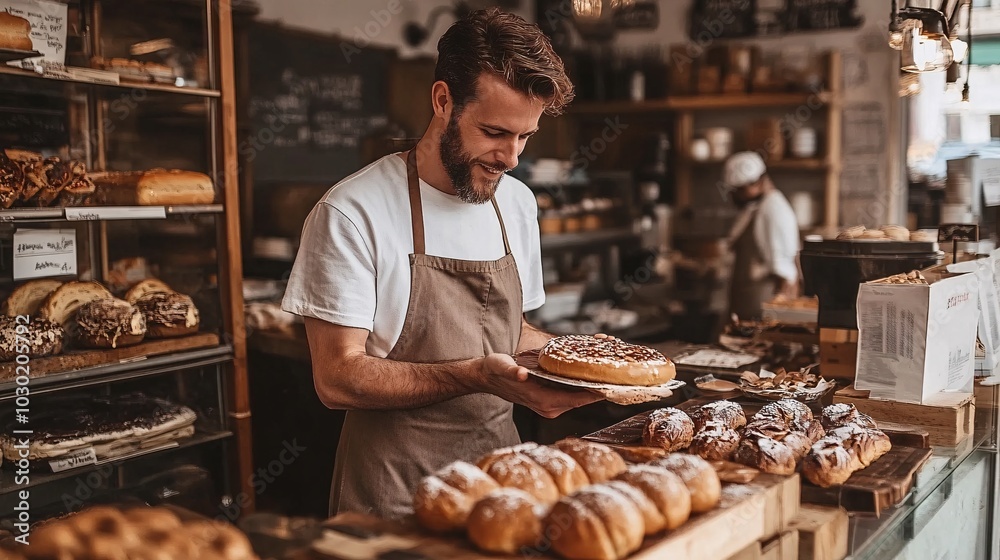 Poster SBA representative visiting a newly reopened local bakery to provide financial guidance Stock Photo with side copy space