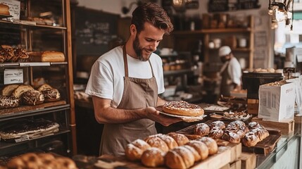 SBA representative visiting a newly reopened local bakery to provide financial guidance Stock Photo with side copy space