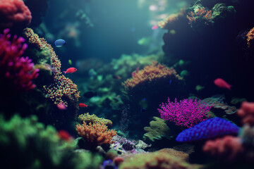 Naklejka premium Vibrant Coral Reef Underwater Scene with Marine Life