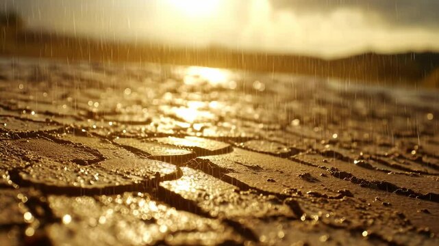 Golden Hour Rain on Cracked Earth