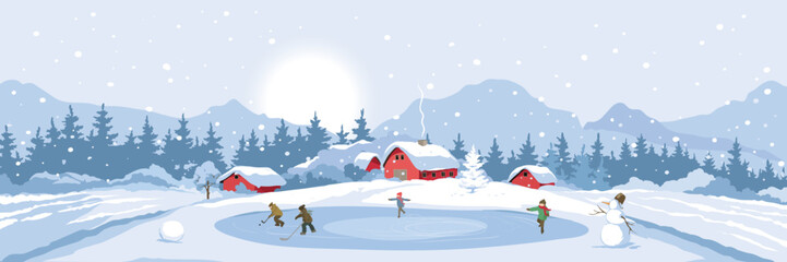 Fun winter activities, children ice skating and playing hockey, Christmas time. Abstract winter rural landscape with old village. Freehand drawing, vector illustration.	
