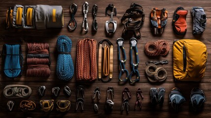 Climbing Gear and Equipment Laying on Wood