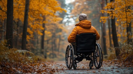 A person in a wheelchair participating in a nature photography session, capturing the beauty of a forest in autumn.
