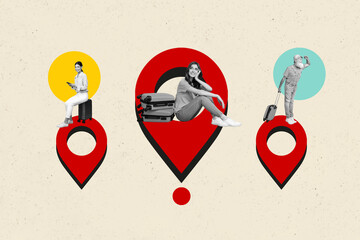 Composite trend sketch collage of summer vacation travel journey huge geo point map mark two young lady sit baggage old man search way