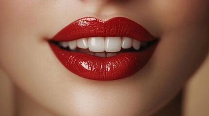 A close-up of the lipstick in front, a pair of red lips with gold edges and a slightly open mouth showing white teeth and clean skin against a light background