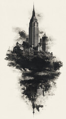 usa america united stated multiple double exposure design style overlay surreal concept buildings black and white sepia center vertical composition on old paper vertical background scene