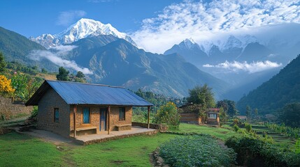 A serene rural clinic surrounded by mountains, where a doctor is using a tablet for telemedicine consultations, bridging the gap between rural patients and urban healthcare.