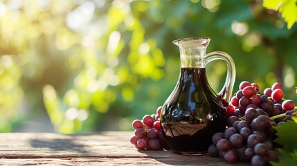 A Taste of Elegance: Black Old Balsamic Vinegar in a Glass Jug Amidst a Lush Green Vineyard with Fre