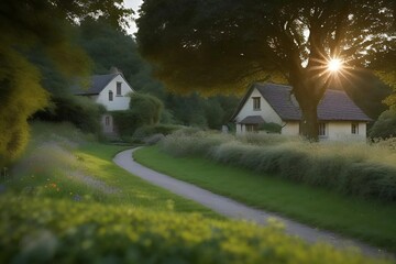 A serene countryside path winding towards a charming house surrounded by lush greenery and open fields.