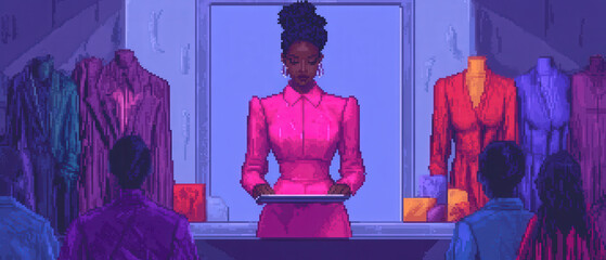 Female Fashion Designer Presentation in Pixel Art Style