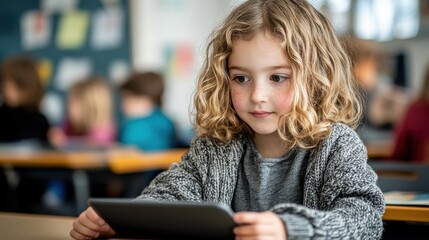 A young child smiling while studying on a tablet in a library setting, representing early education and learning