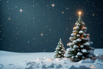 Obraz premium Christmas greeting card with New Year symbol and decoration. Xmas snow background with copy space. Festive mockup design with pine, star, trees and forest