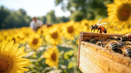 A vibrant farming scene where bees are pollinating flowers in a large field of sunflowers, with beekeepers tending to hives, illustrating the vital role of nature in agriculture.