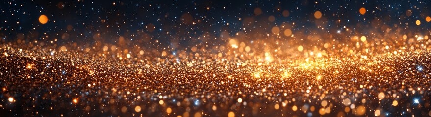 Obraz premium An abstract background with a large copy space for Xmas that is blurred or bokeh. Background with a texture banner with blinking gold glitter.