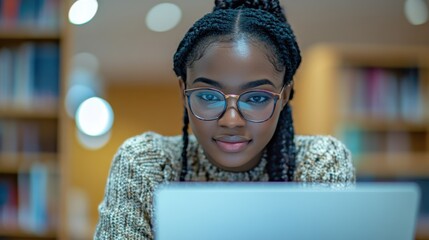 Fototapeta premium A college student wearing glasses, smiling while working on a laptop