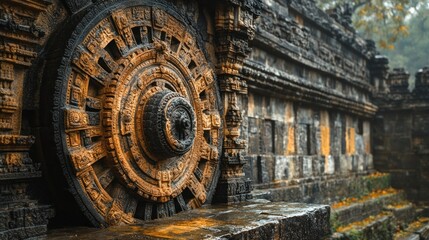 Fototapeta premium A close-up of a intricately carved stone wheel on an ancient temple wall, with weathered stone and a hint of green foliage.