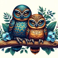 Fototapeta premium detailed illustration of two colorful baby owls perched on a tree branch.