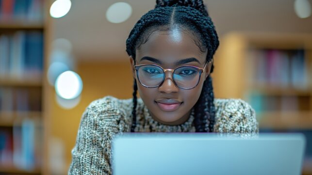 A college student wearing glasses, smiling while working on a laptop