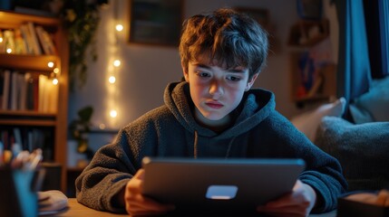 A young person with a learning disability using an AI tutor on a tablet to practice reading comprehension, sitting at a cozy desk.