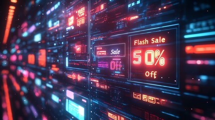Fototapeta premium A futuristic illustration of browser windows filled with various deals like “Flash Sale” and “50% Off,” vivid screens glowing with bright neon colors, floating price tags and glowing symbols,