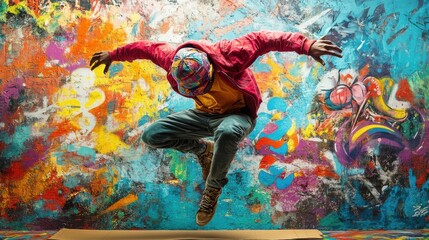 Classic breakdancer mid-air, performing a power move on a cardboard mat, with vibrant graffiti art in the background.