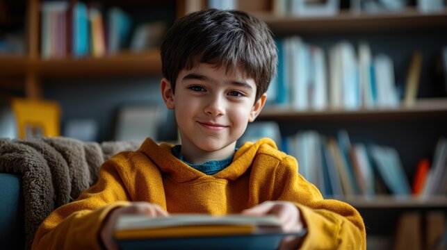A young person with a learning disability practices reading comprehension while seated at a comfortable desk, utilizing an AI tutor on a tablet.