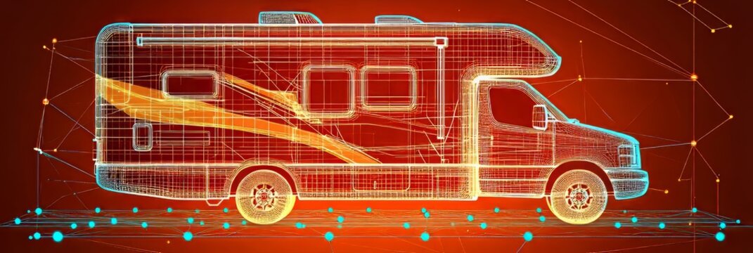 Wireframe Model Of A Modern Camper Van Set Against A Vivid Red Network Environment, 3D Render