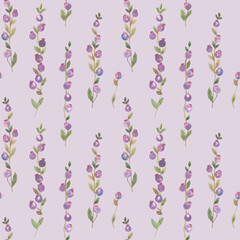 Hand drawn watercolor seamless texture of branches with purple berries. Pattern with painted branches of wild berries. Illustration for festive decor for Christmas, wedding, birthday.