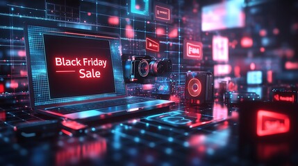 Fototapeta premium A futuristic laptop screen with bright “Black Friday Sale” text, tech gadgets such as tablets, wireless speakers, and cameras bursting out of the screen, glowing discount tags, vivid light trails,