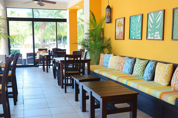  A photo of the interior patio area of an elegant and modern Caribbean restaurant with yellow walls, dark wood tables, and colorful square sofas decorated with tropical patterns.