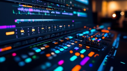 Obraz premium Close-up of video editing software interface with colorful icons and text, set against blurred background of professional audio-visual equipment in an office setting