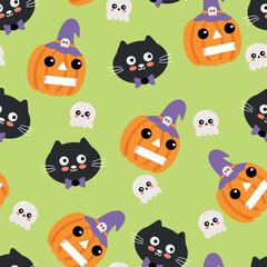 Seamless pattern cartoon black cat with ghost, pumpkin halloween. cute halloween wallpaper for fabric print, gift wrap paper