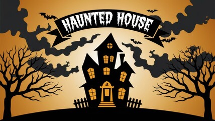 Spooky Haunted House Illustration Bats Trees - Perfect Halloween Marketing, Decorations, Party Themes