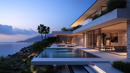 Fototapeta premium modern villa with infinity pool, terrace and dining area overlooking the sea in monaco
