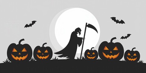 Fototapeta premium Spooky Grim Reaper Carved Pumpkins Bats - Halloween Illustration Party Invitations, Decorations, Marketing Materials