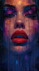 Close-Up Portrait of a Woman with Bold Makeup and Abstract Strokes