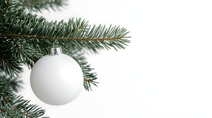 Close up christmas fir branch and white decor ball on white background