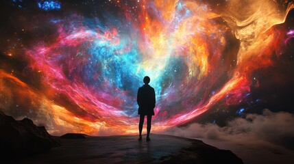 Fototapeta premium A person stands in front of a large colorful wall. The wall is filled with bright colors and the person is looking at it