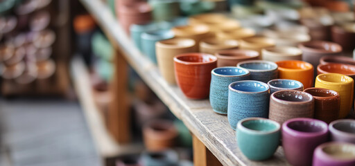 Colorful handmade ceramic pottery cups mugs artisan shelf display pinch pots glazed vibrant hues studio decor creative rustic product mockup natural light cozy warm tones vintage boho ad concept teach