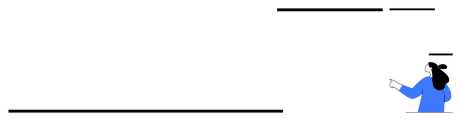 Woman with ponytail and blue shirt pointing to empty space with black lines. Ideal for presentations, website design, educational material, infographics, and minimalistic artwork. Minimalist vector