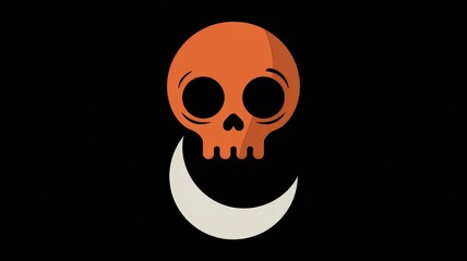 Fototapeta premium Stylized Orange Skull Crescent Moon Black Background - Perfect Halloween Marketing, Spooky Decor, Graphic Design Projects