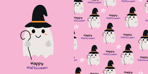 Cute ghost card halloween and Seamless pattern cartoon halloween ghost cute wallpaper for fabric print gift wrap paper