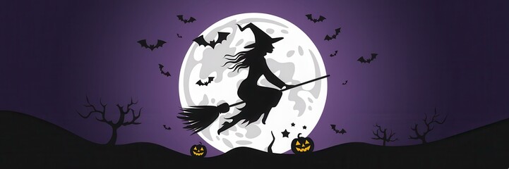 Spooky Witch Flying Broomstick Full Moon Bats - Halloween Illustration Party Decorations, Marketing Materials, Event Promotion