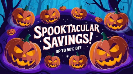 Halloween Promotion Banner Jack-o'-Lanterns - Spooktacular Savings Discounts Fall Sales Advertising
