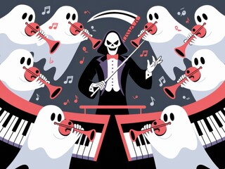 Whimsical Skeleton Conductor Leading Ghost Musicians Halloween Music Celebration - Perfect Halloween Party Invitations Marketing Materials