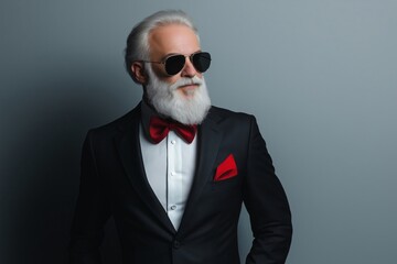 Fototapeta premium Studio shot of a confident businessman wearing a suit and sunglasses, looking stylish and sophisticated