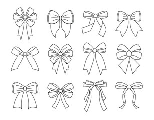 Big set of decorative bows and ribbons for gifts. Hair decorations. Isolated bows in line art style.