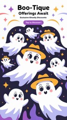 Playful Cartoon Ghosts Colorful Hats Dark Background - Perfect Halloween Promotions, Marketing Campaigns, Festive Sales